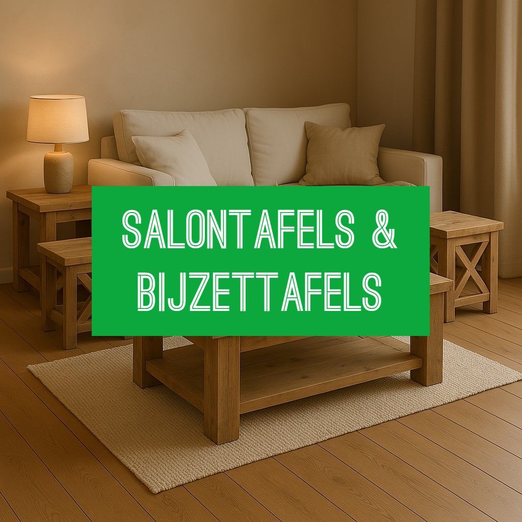Steigerhouten salontafel met rechthoekig blad en bijzettafels met kruispoten, sfeervol geplaatst in een moderne woonkamer met warme verlichting, neutrale tinten en decoratieve accenten zoals droogbloemen en een plaid.