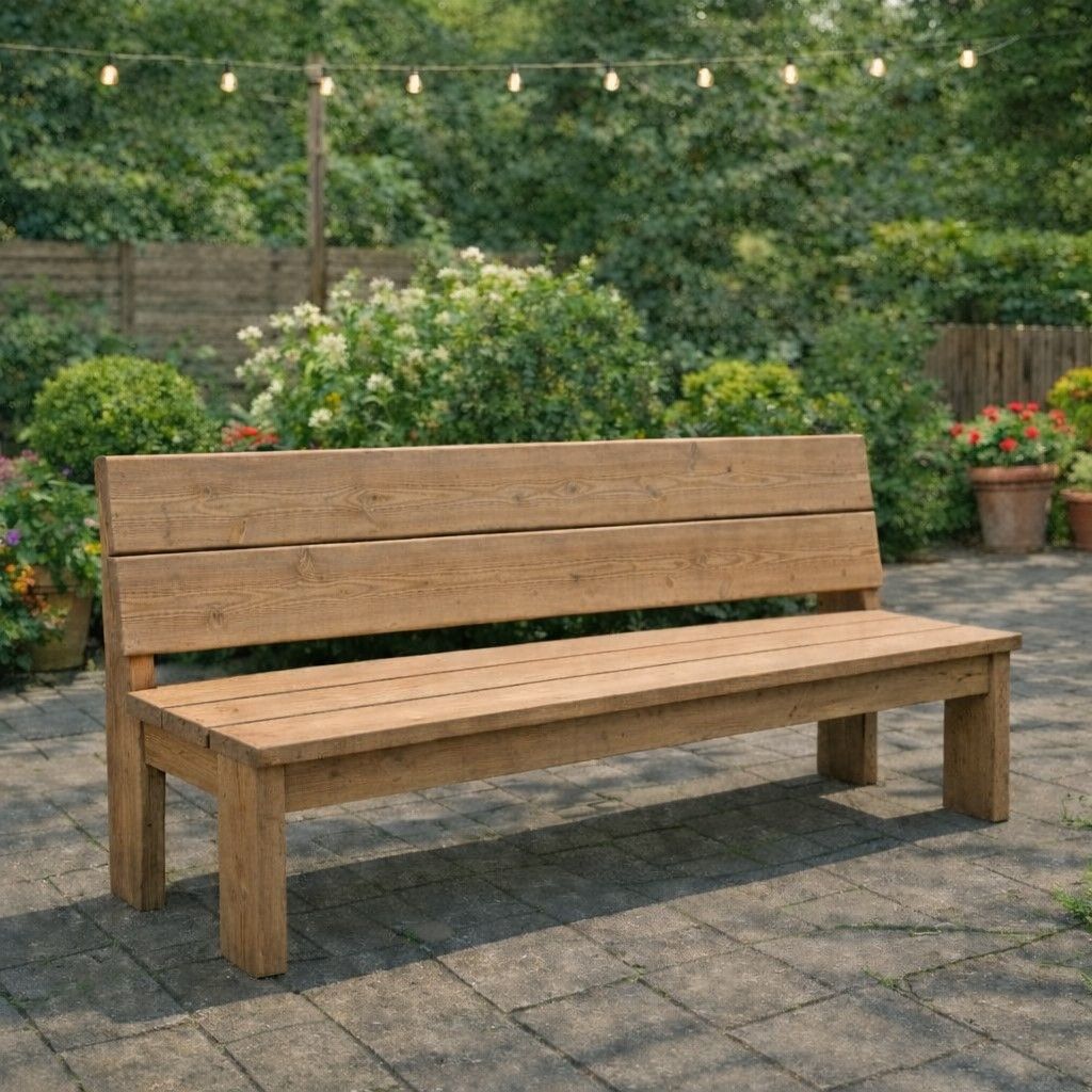 Houten tuinbank op een stenen terras met bloemen, groen en lichtslingers op de achtergrond.