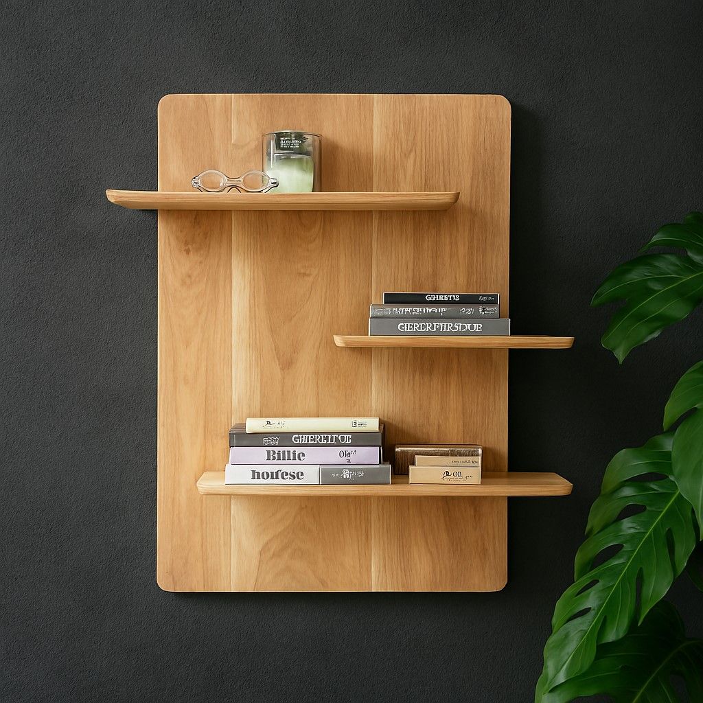 Steigerhouten wandrek met drie planken en decoratieve accessoires zoals boeken