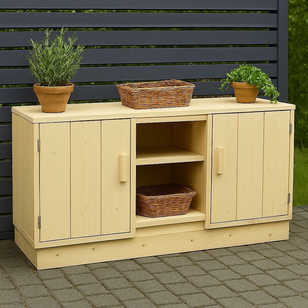 Robuust steigerhouten BBQ-meubel met werkblad en opbergruimte, geplaatst in een sfeervolle tuinsetting, klaar voor een zomerse grillsessie.