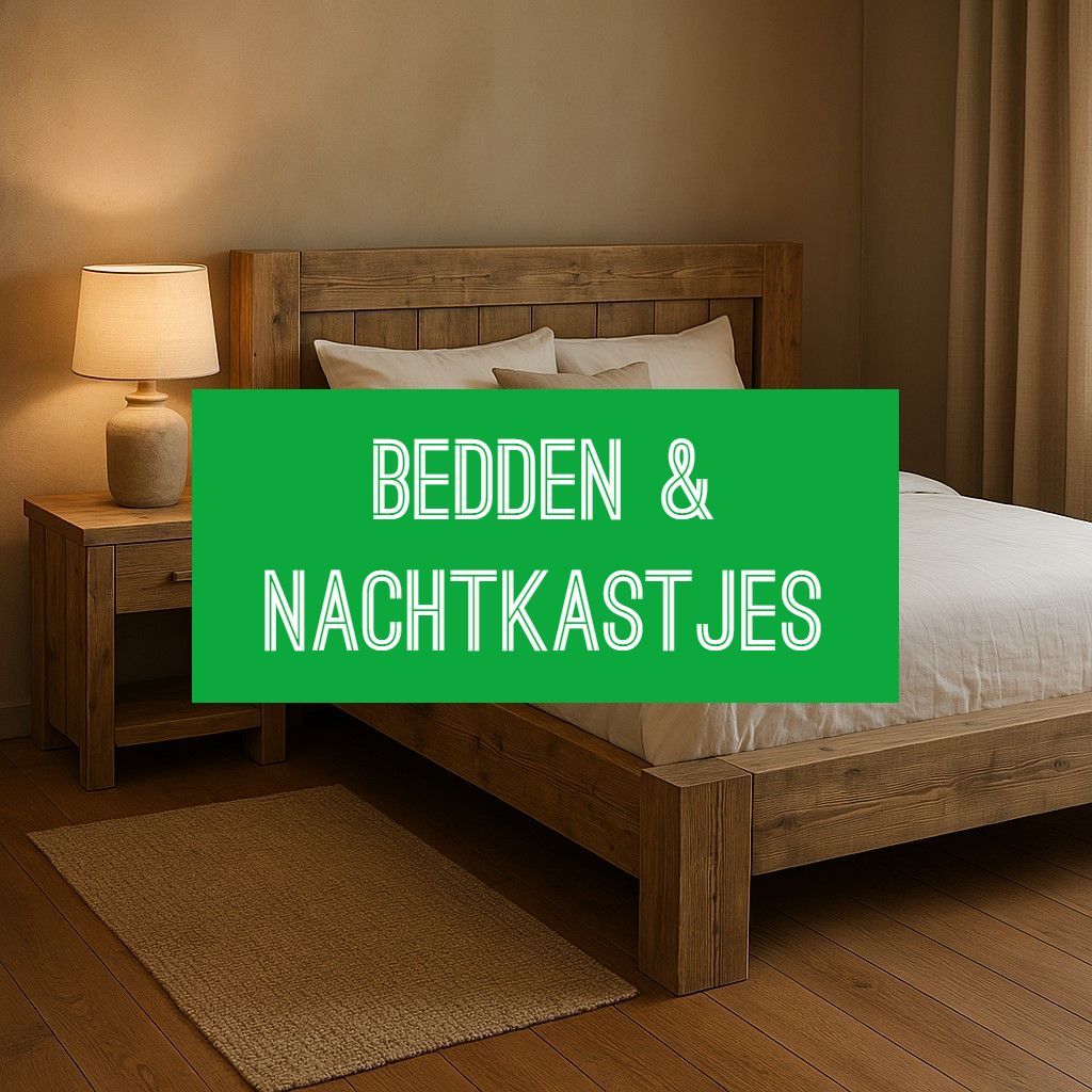 Steigerhouten bedframe met robuuste uitstraling en nachtkastje met lade, sfeervol gepresenteerd in een rustgevende slaapkamer met natuurlijke tinten en zachte verlichting.