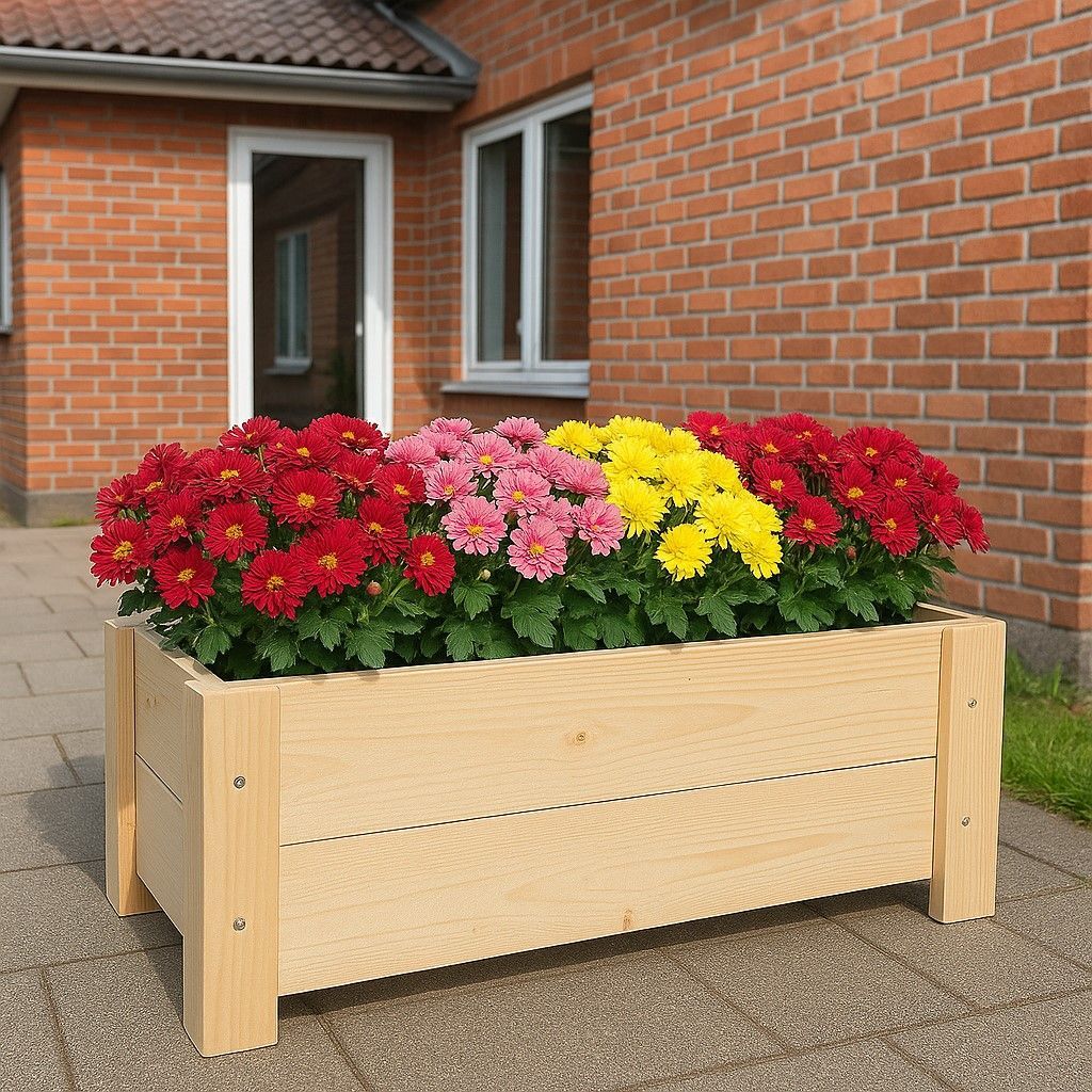 Steigerhouten plantenbak met rechthoekig ontwerp, hoge zijwanden en open bovenzijde, geschikt voor buitengebruik en tuinbeplanting