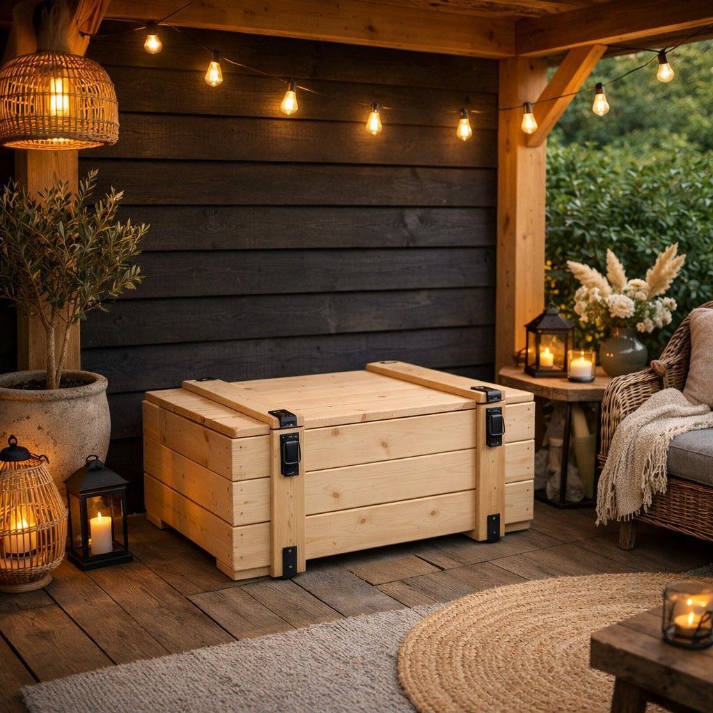 Houten terrastafel op een grindterras, omgeven door weelderige bloemperken.