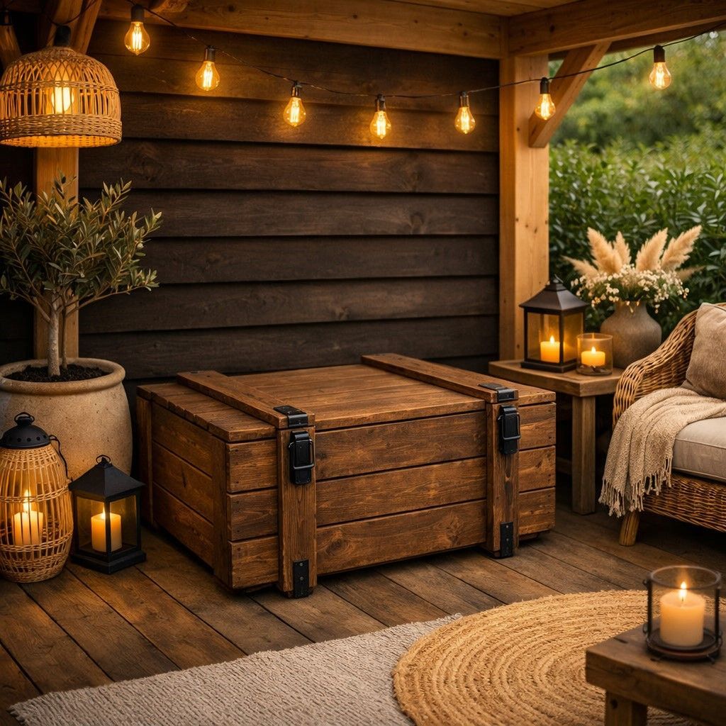 Gezellige, rustieke veranda met houten kist, lantaarns, kaarsen, geweven kleed en sfeervolle lichtslingers.