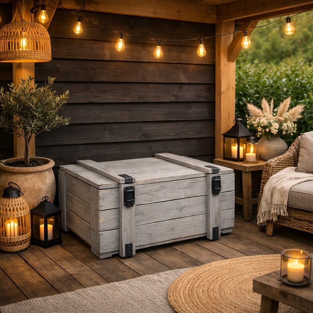 Gezellige, rustieke patio met verlichte lantaarns, een geweven kleed, potplanten en een grijze opbergkist onder lichtslingers.