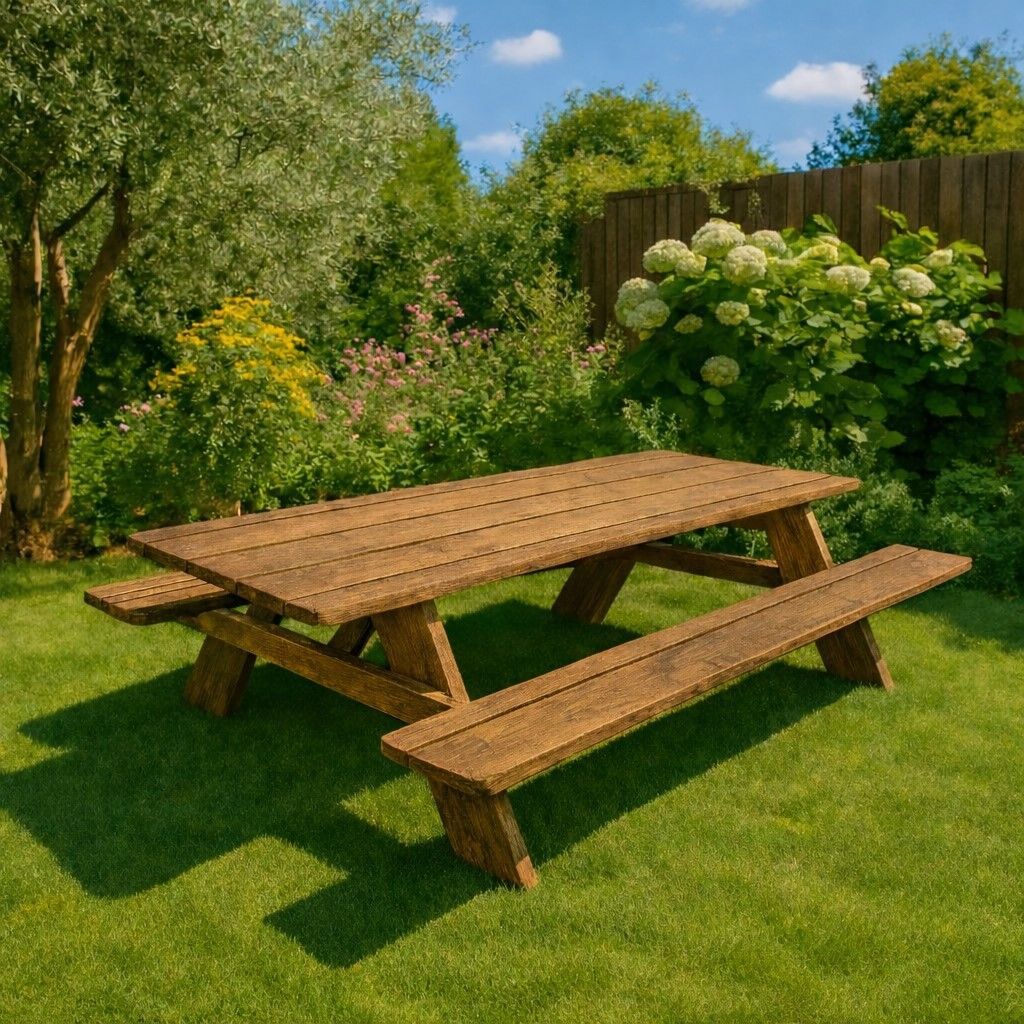 Bruin houten picknicktafel op een zonnig gazon, omgeven door groene struiken en bomen.