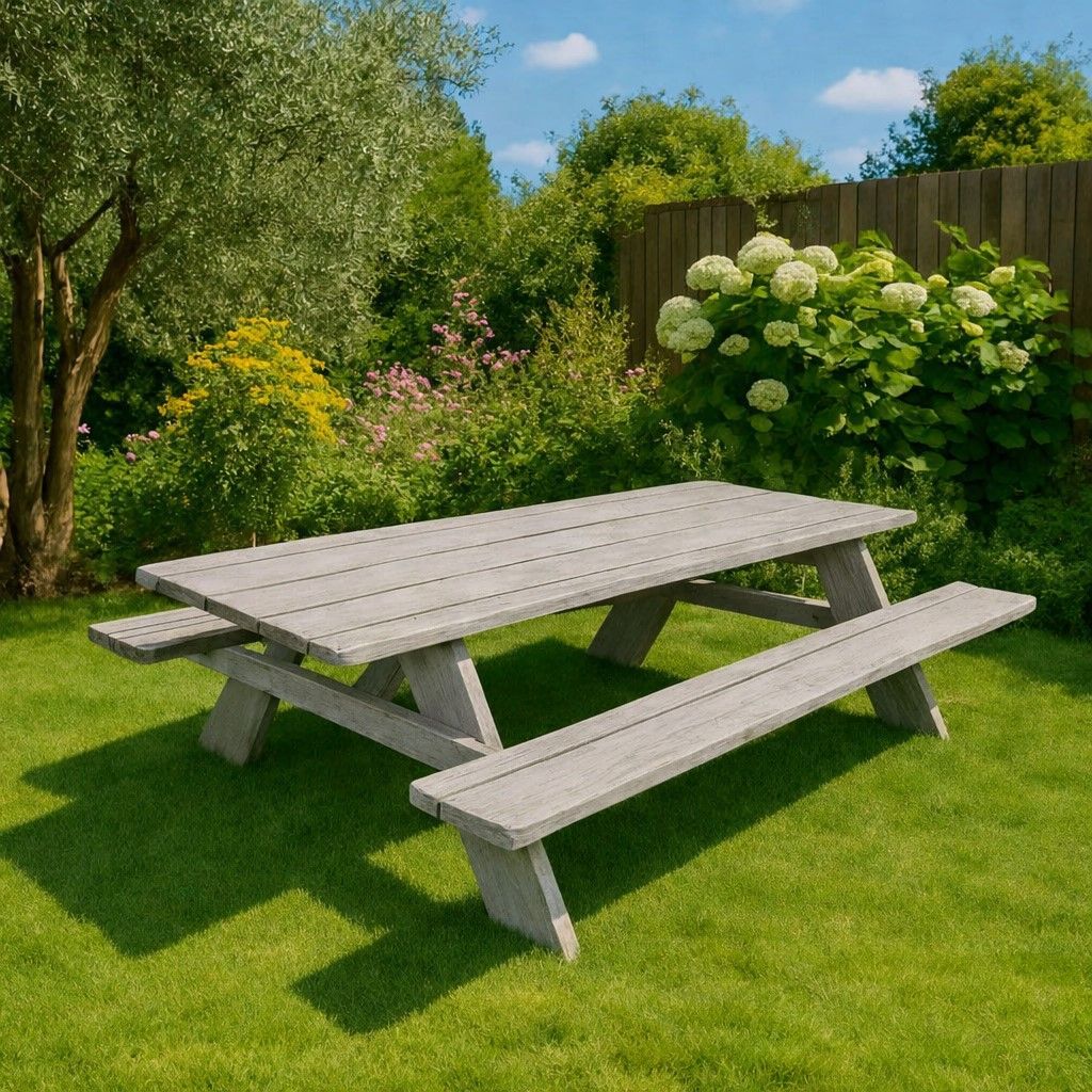Een grijs houten picknicktafel op een zonnig groen gazon in een tuin, met bomen, struiken en bloemen in de buurt.