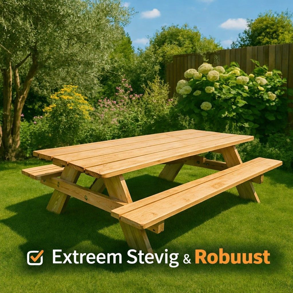 Stevige picknicktafel van steigerhout op een grasveld omringd door bomen