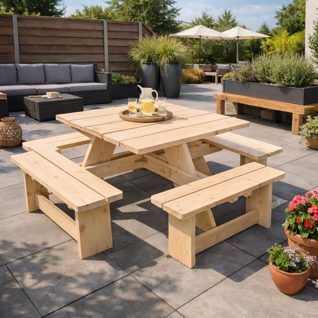 Stevig vierkante picknicktafel, op een fleurig terras van steen