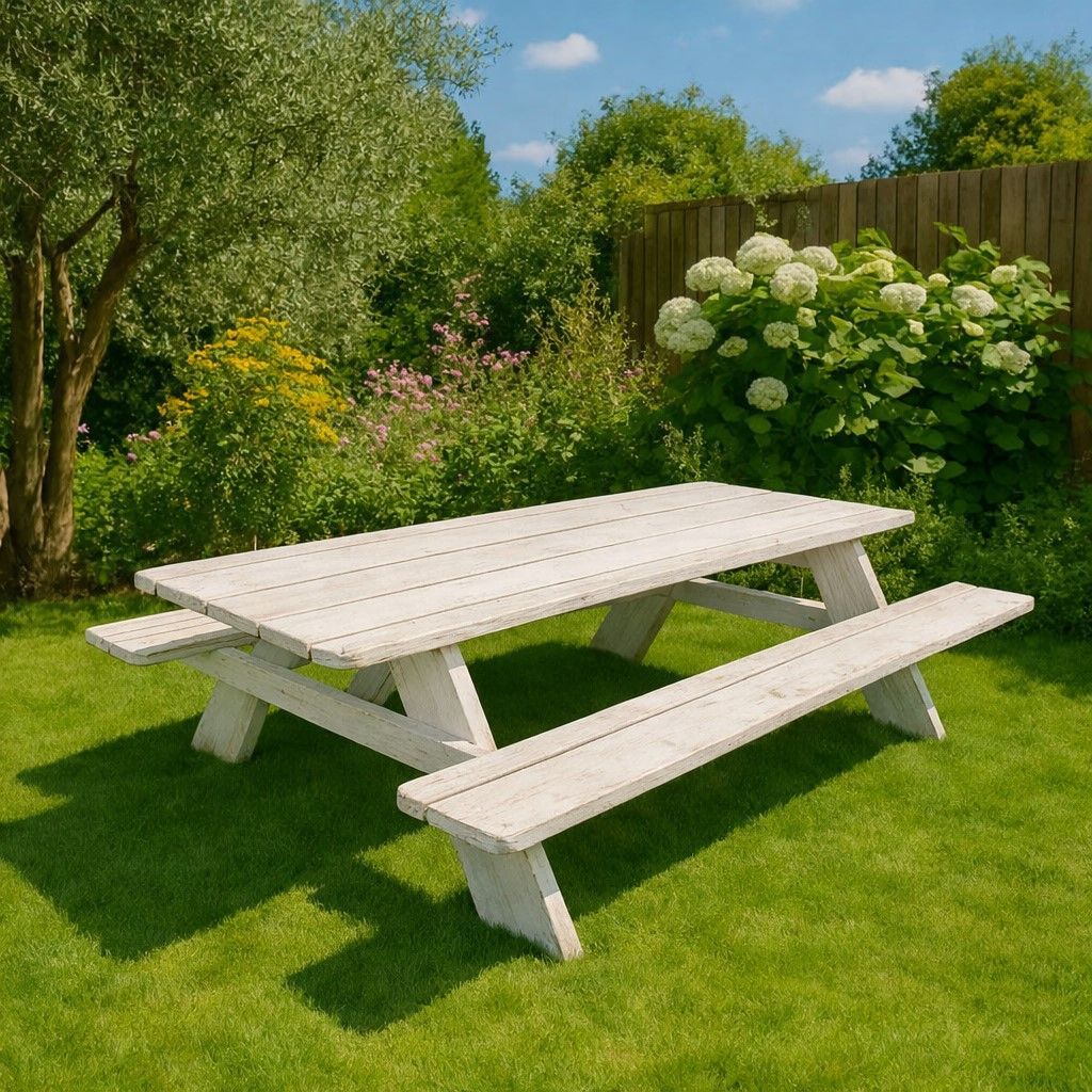 Witte picknicktafel op een zonnig gazon in een tuin, omgeven door groene struiken en witte bloemen.