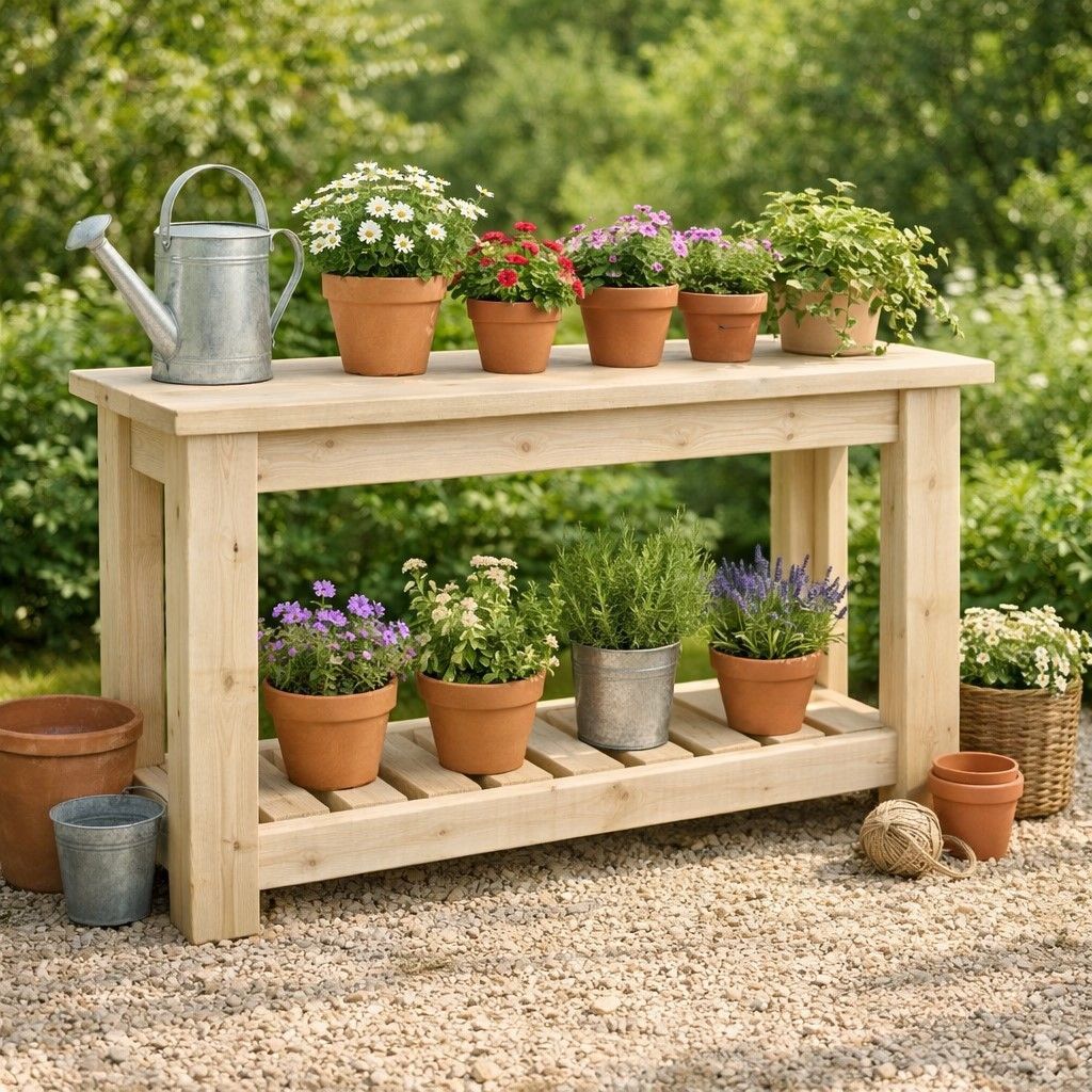 Steigerhouten plantentafel met bloemen en planten op een zonovergoten terras