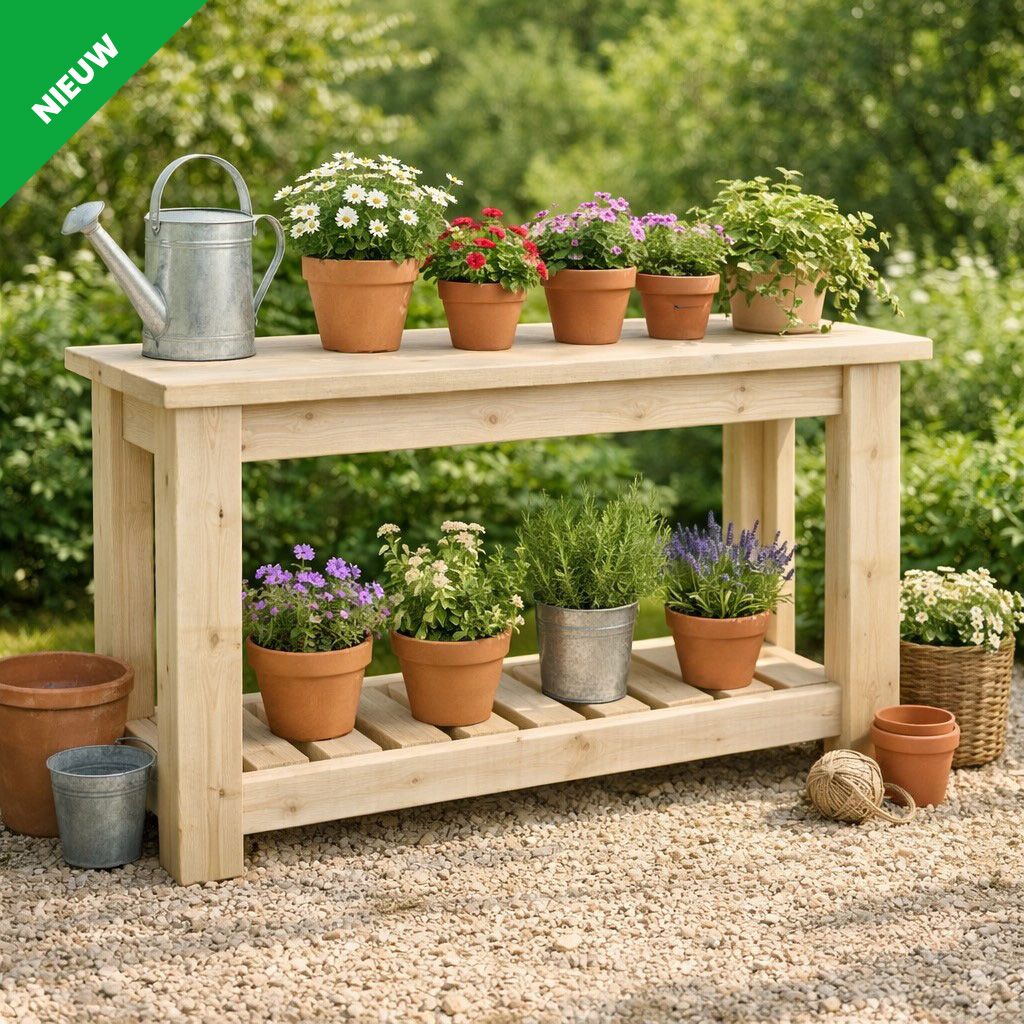Steigerhouten plantentafel van 90cm in een zonovergoten tuin