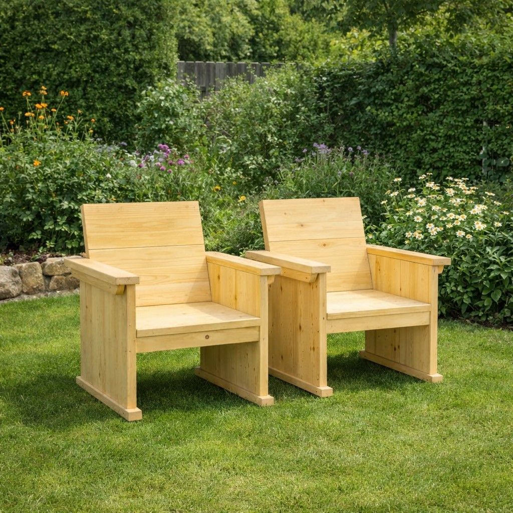 Twee lichte houten fauteuils op een groen gazon in een tuin.