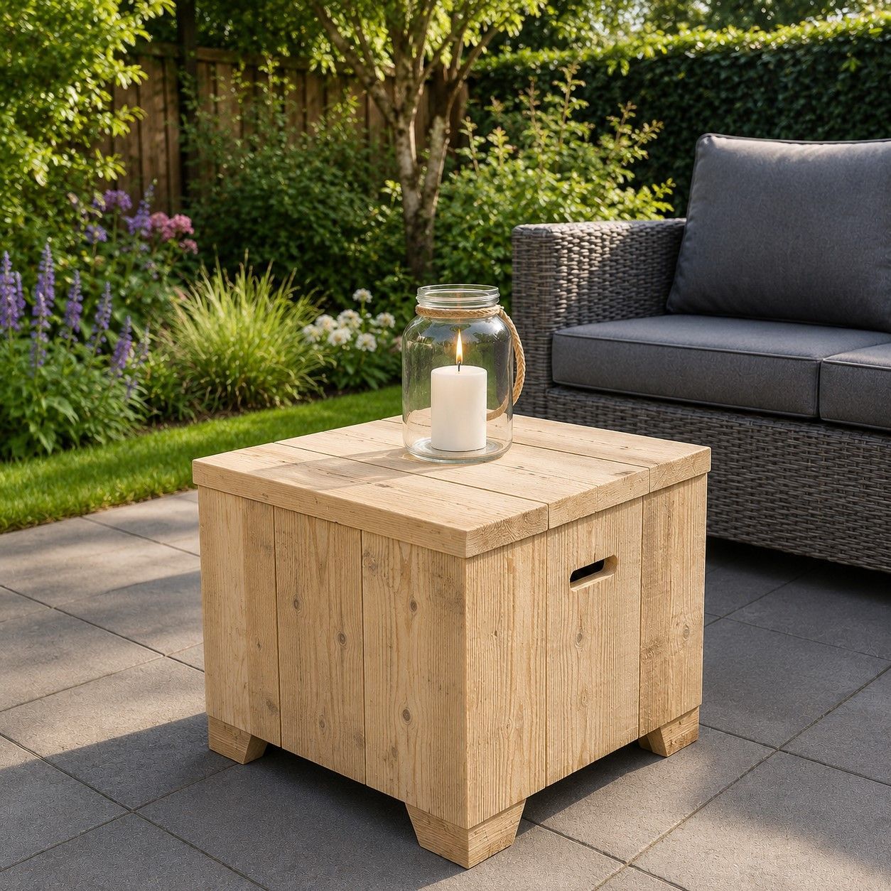 Houten salontafel voor op het terras met een kaars in een glazen pot ernaast, naast een grijze buitenbank in de tuin.
