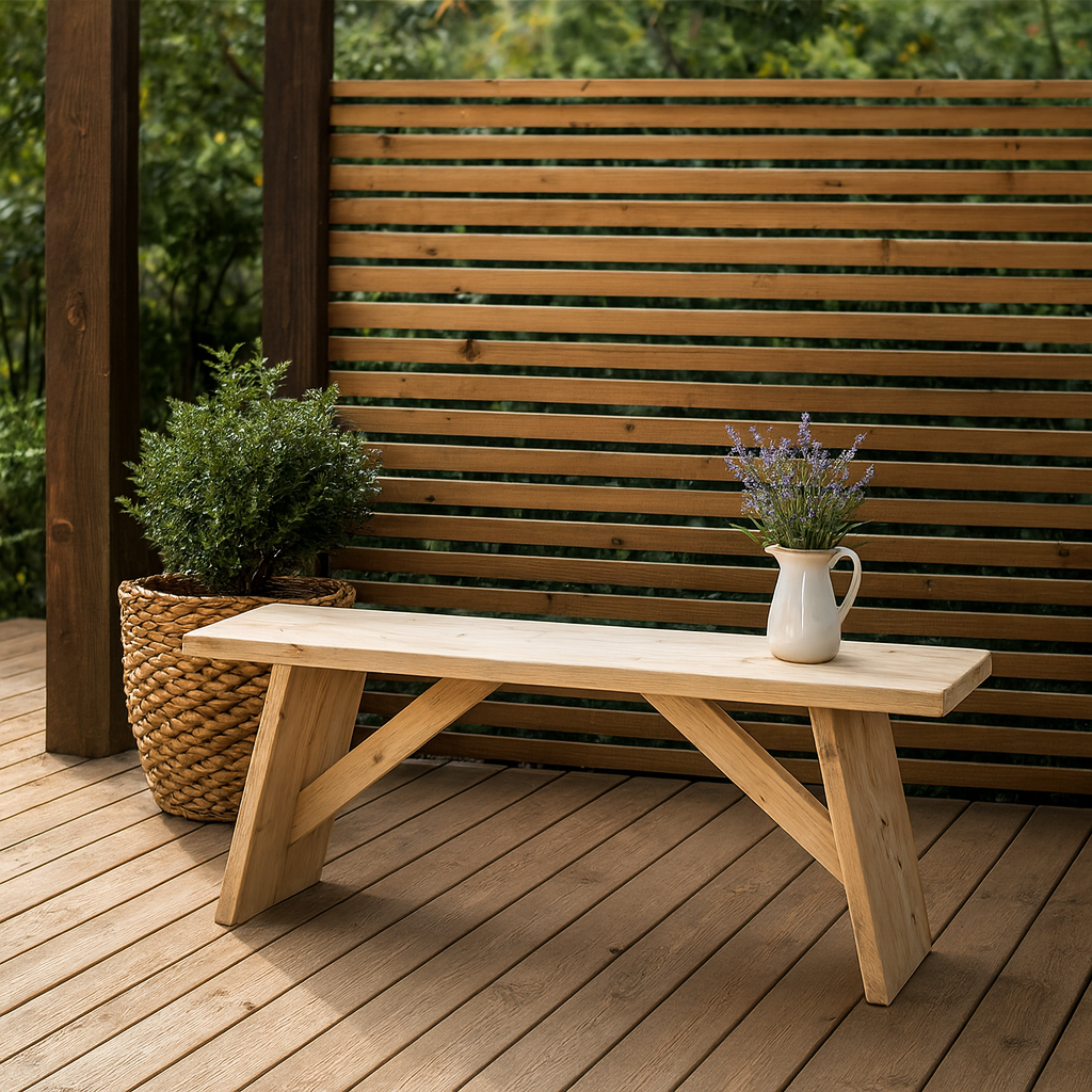 Houten bank op een terras met potplanten naast een lamellenscherm voor privacy.