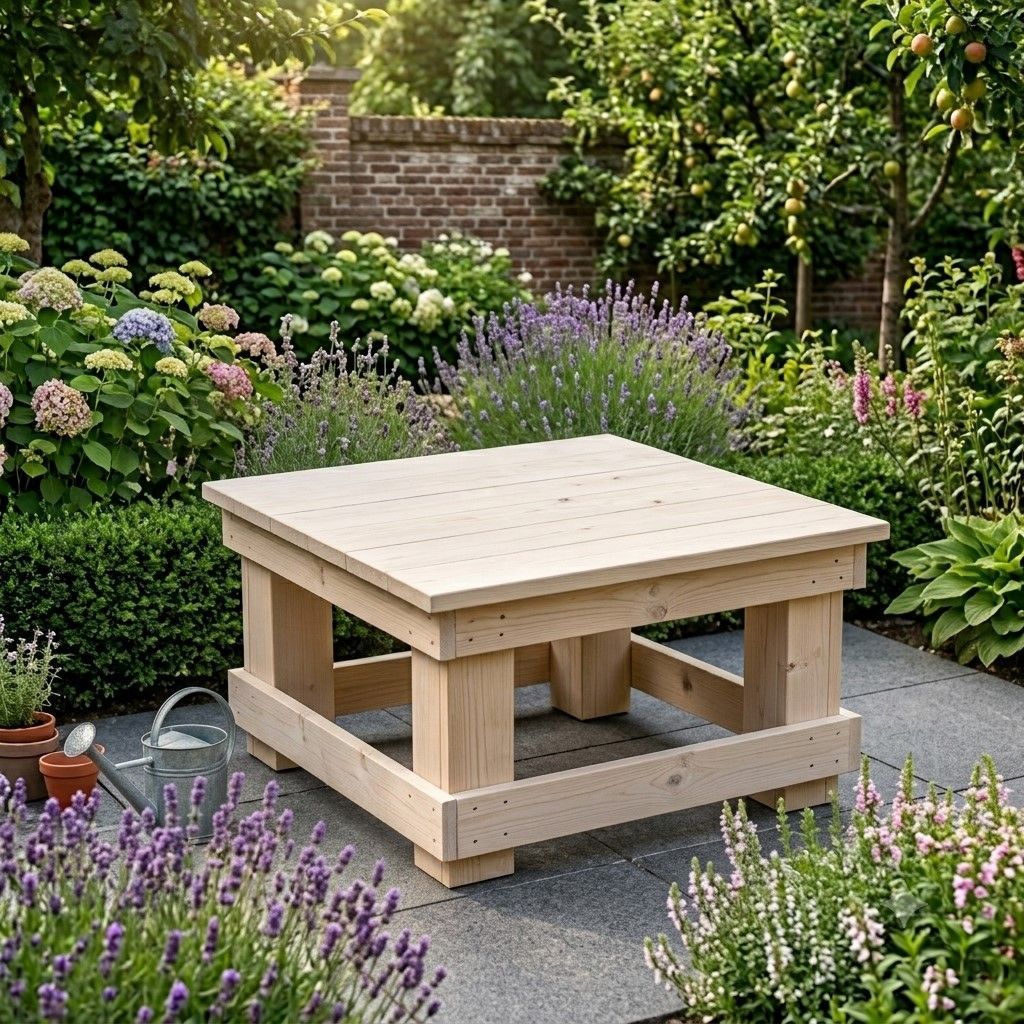 Houten terrastafel op een grindterras, omgeven door weelderige bloemperken.