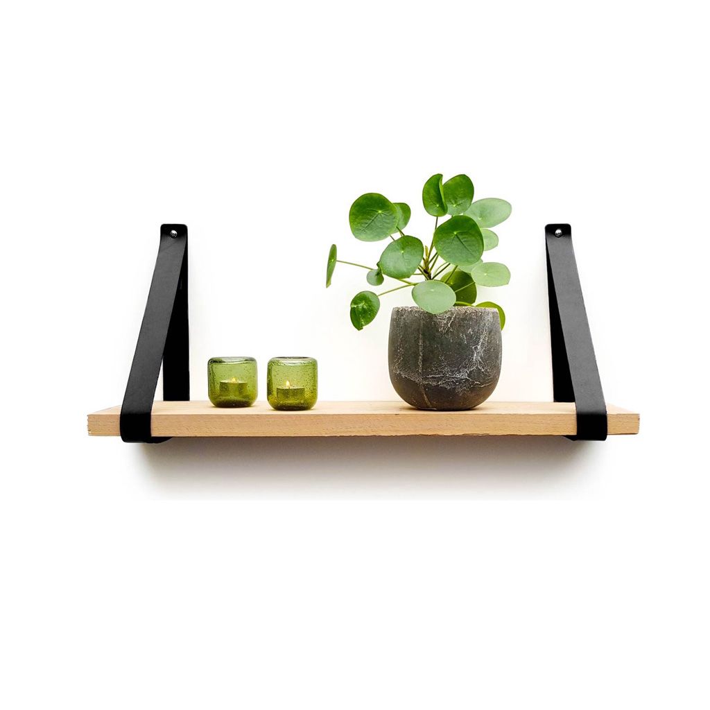 Steigerhouten wandplank met leren houders