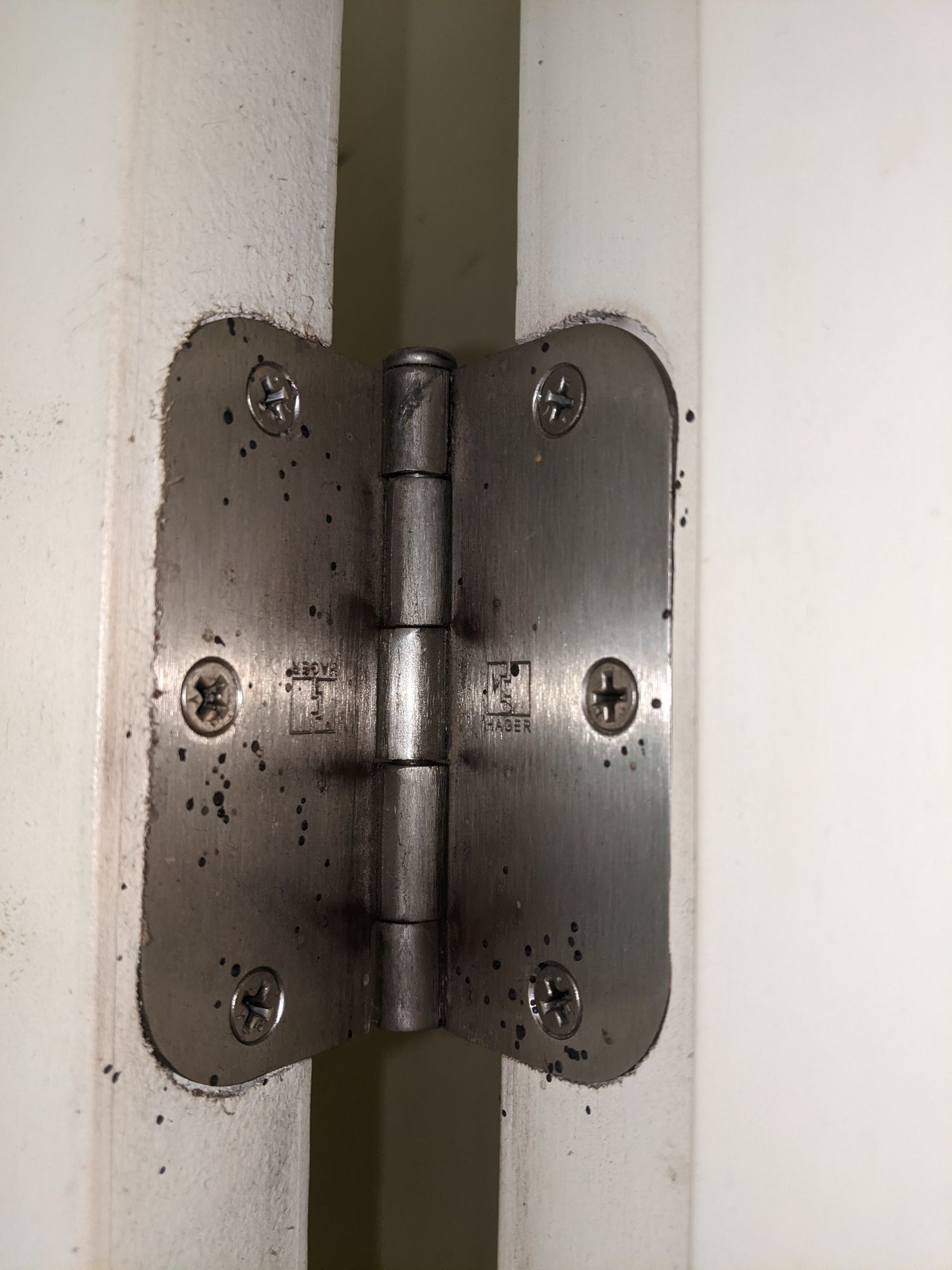 A close up of a door hinge on a white door.