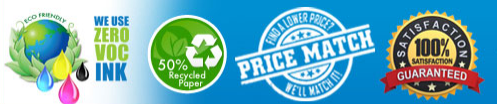 Logos showcasing environmental practices, price match, and satisfaction guarantee.