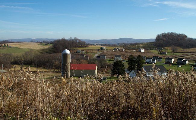 A farm with a silo in the middle of a field