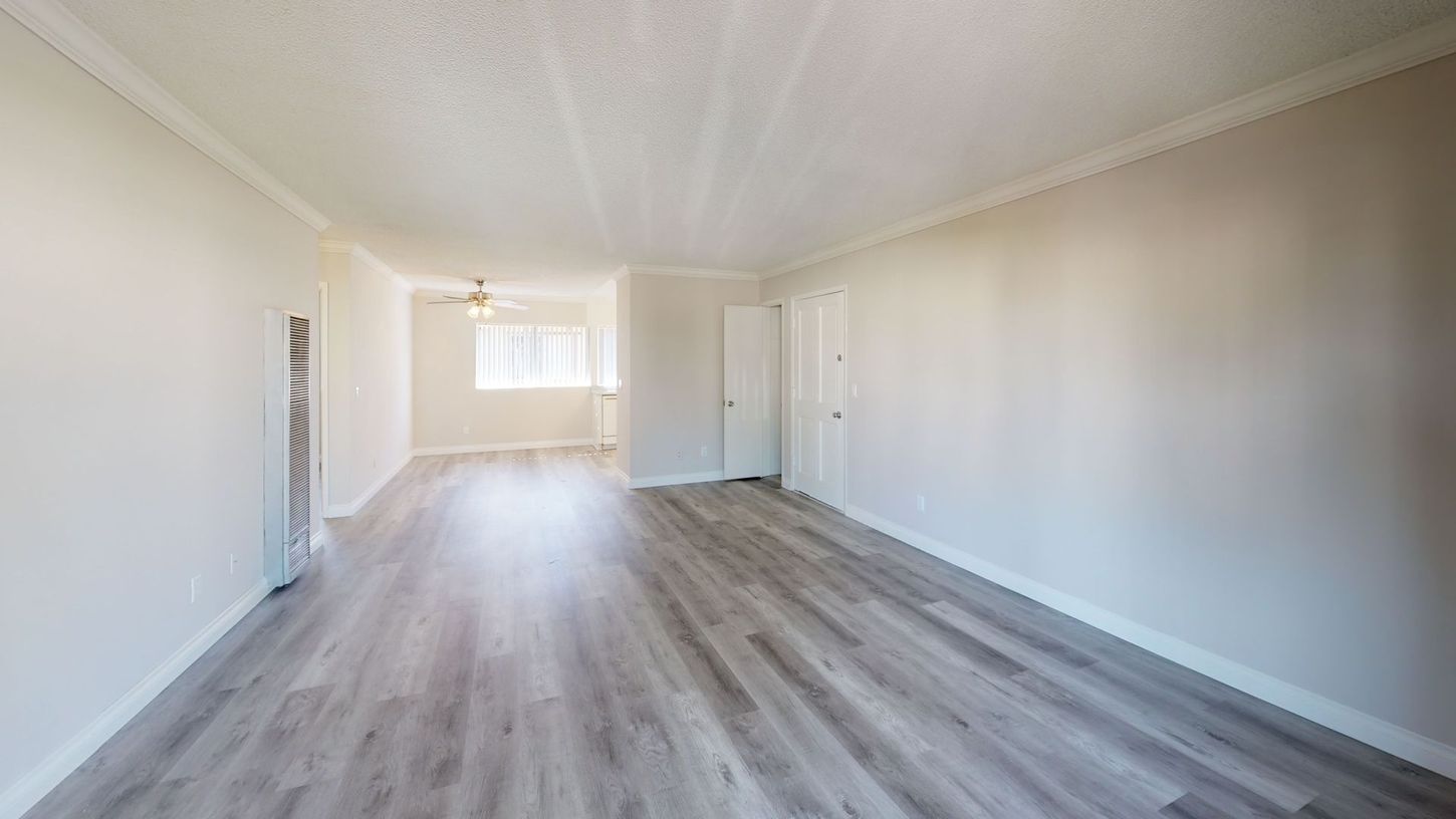 Empty living room with light gray walls, wood-look flooring, and a window at the end.