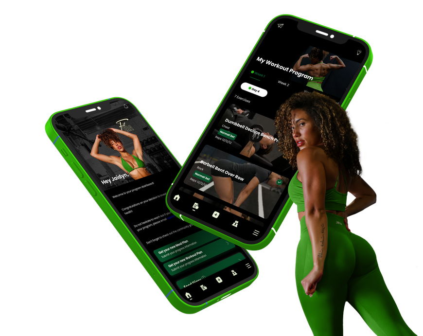A woman in green pants is standing next to two green phones. Fit Era