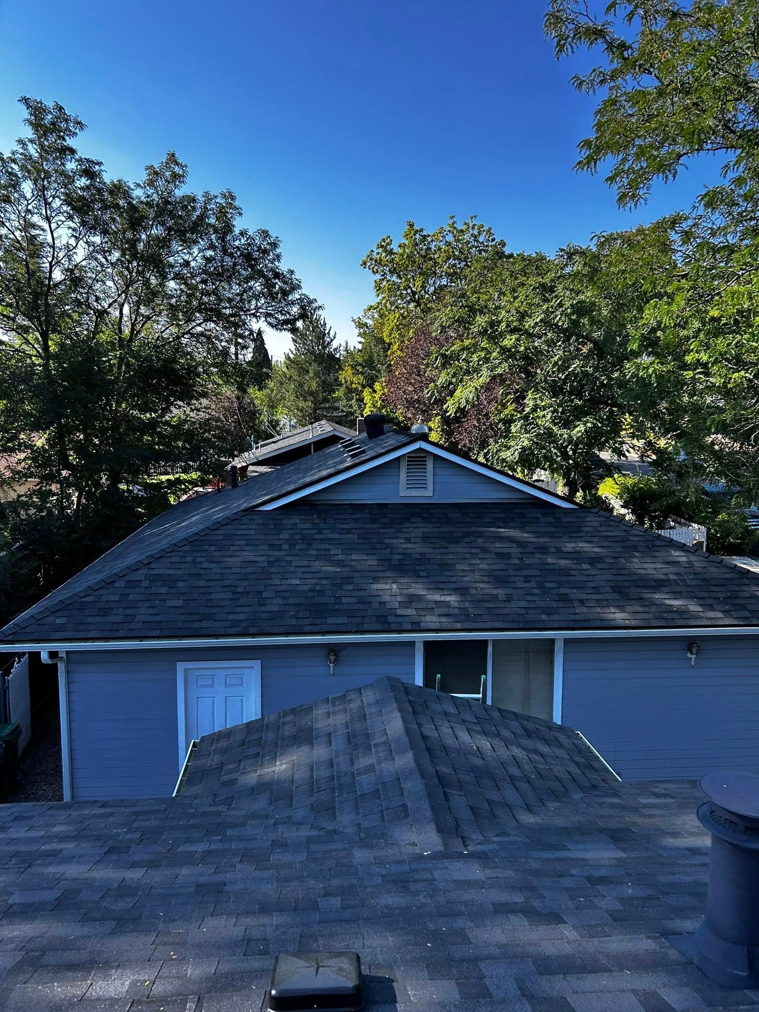 An aerial view of a roof under construction.