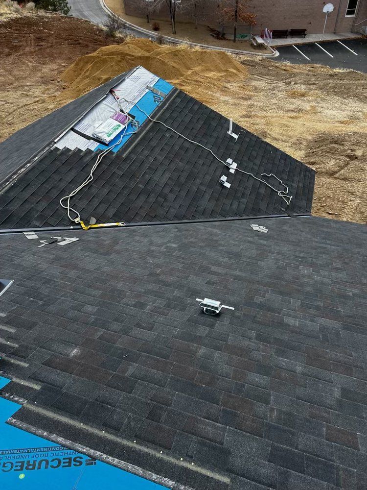 An aerial view of a roof under construction.