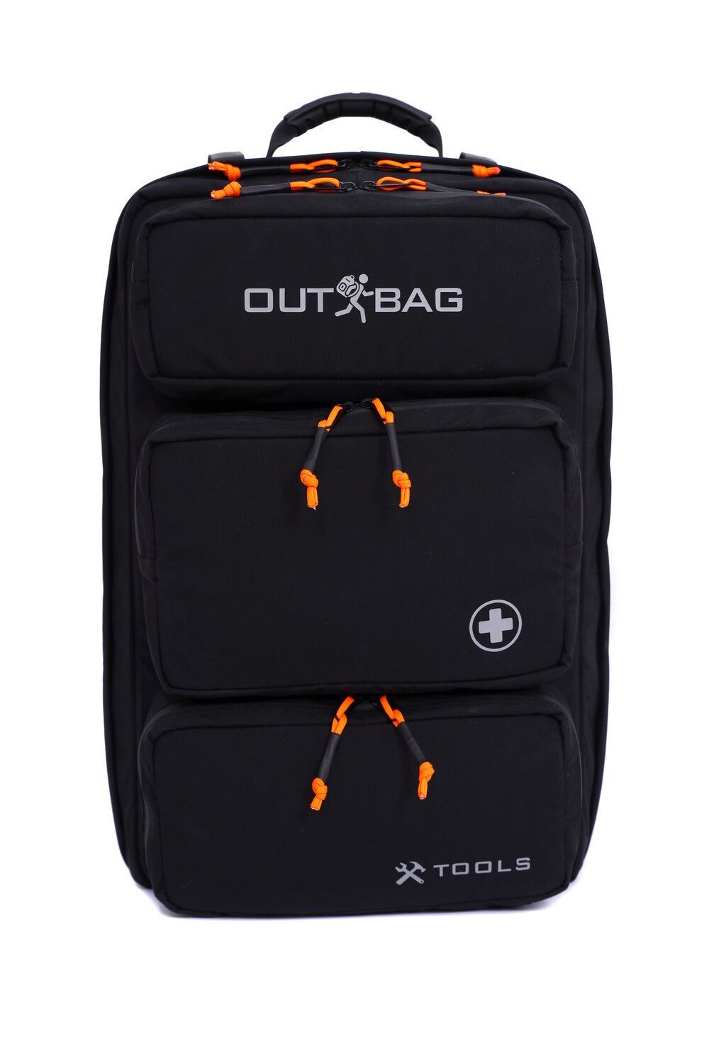 Czarna torba z pomarańczowymi paskami i rączką na białym tle.