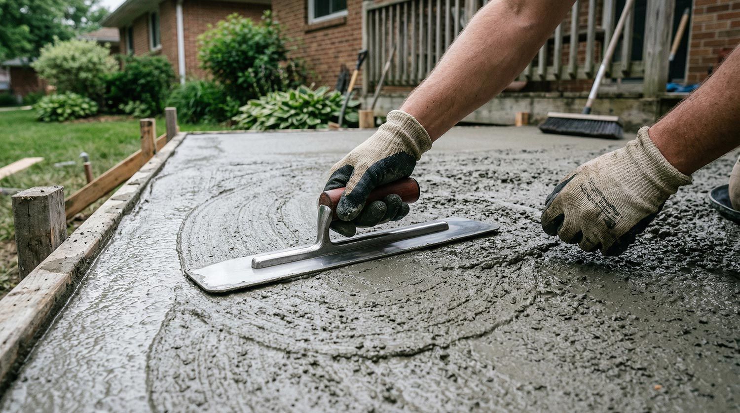 Expert worker smoothing wet cement, provided by a professional concrete patio contractor.