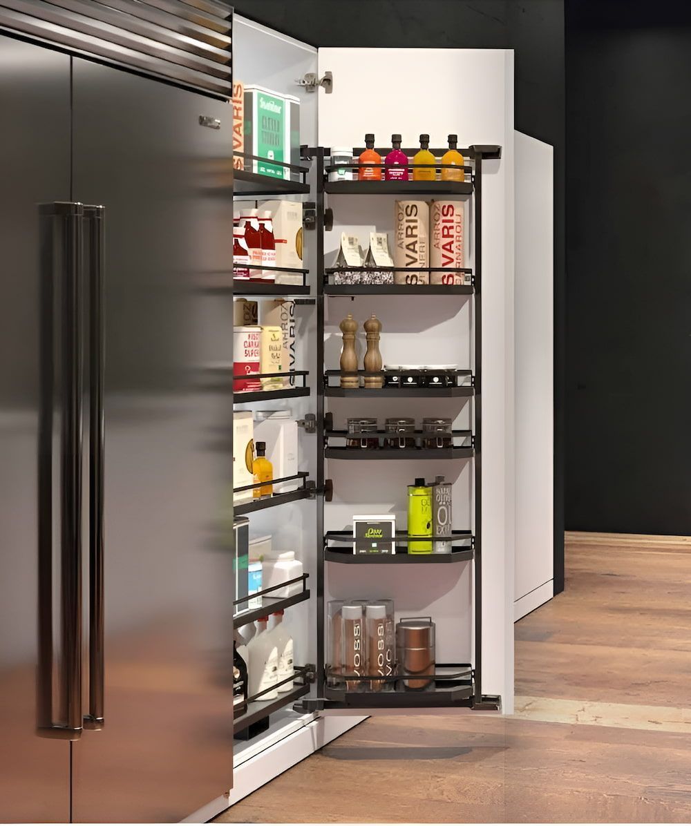 A Pantry In A Kitchen With A Stainless Steel Refrigerator — Wood Cabinet Hardware Distributors In Bungalow, QLD