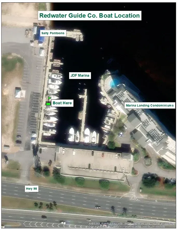 An aerial view of the redwater guide co. boat location