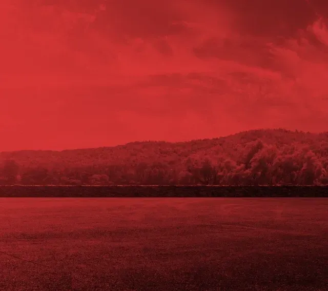Red-toned landscape with a grassy foreground, treeline, and distant hills under a cloudy sky. | RX Automotive
