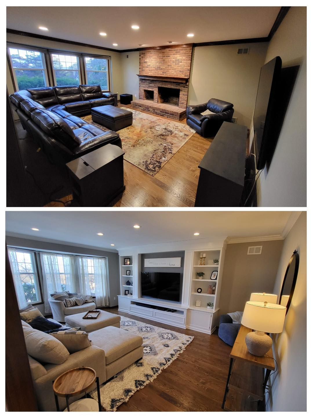 Two pictures of a living room before and after being remodeled.
