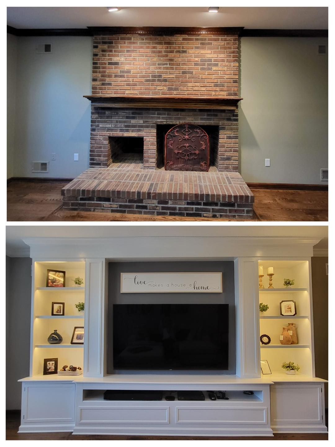 A before and after picture of a fireplace and entertainment center.