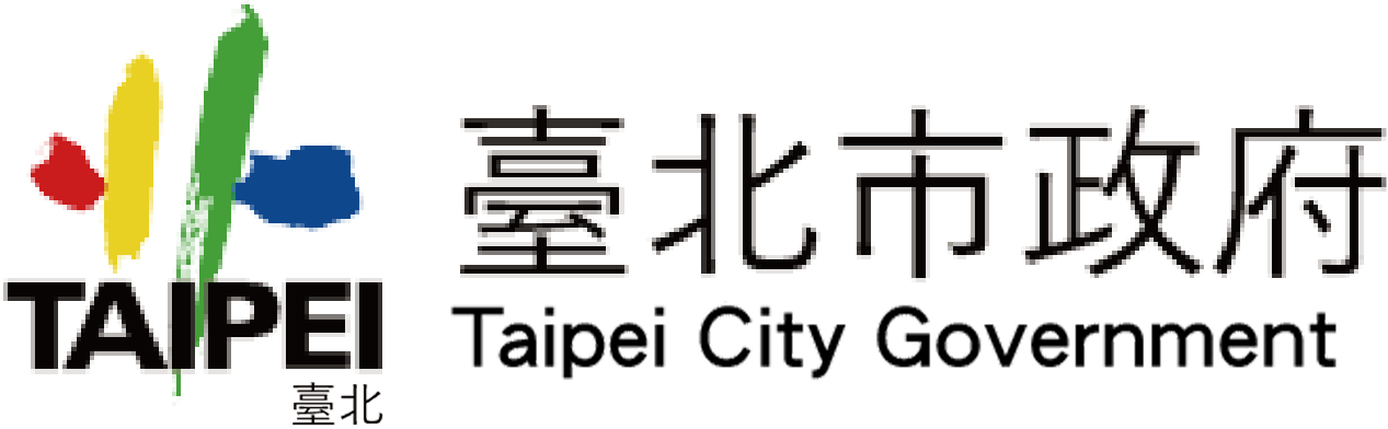 台北市政府標誌:色彩鮮豔的抽象形狀,附有中英文文字。