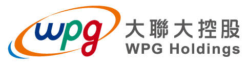 大聯大控股標誌:「wpg」以藍色、綠色和紅色組成,並帶有一條曲線和中文文字。