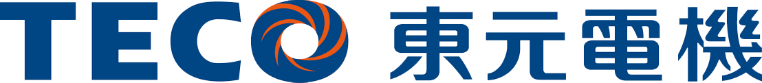 TECO 和中文文字,TECO 公司的標誌。藍色文字以及藍棕色漩渦圓圈圖案。