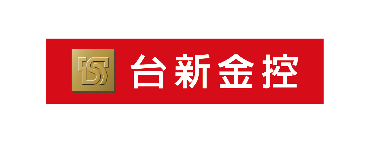 紅色長方形,金色正方形,內含風格化的“TS”和白色漢字“台新金控”。