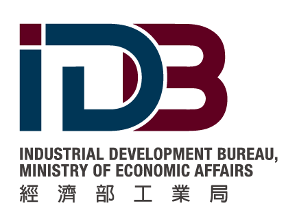 經濟部工業局標誌。 「IDB」字樣為藍色,上方為栗色文字。