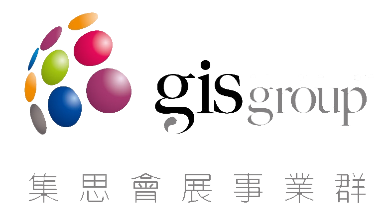 GIS集團的標誌;一個彩色圓圈球體,下方有「gis group」文字和漢字。