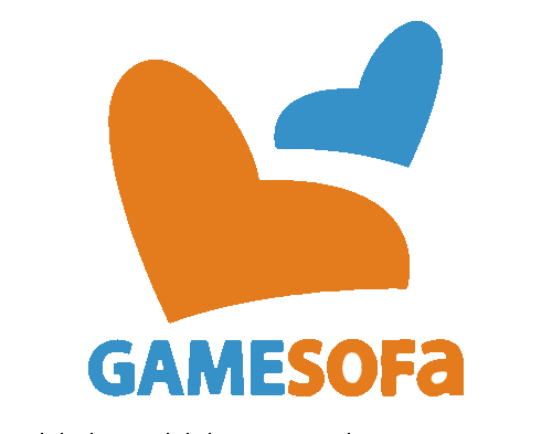 Gamesofa 的標誌:橘色和藍色的心形圖案,上方是藍色的「GAMESOFA」字樣。