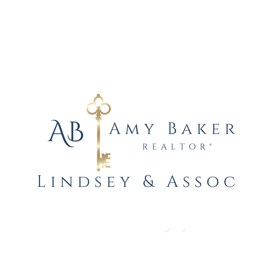Logo for Amy Baker, Realtor: House silhouette with a key, inside a white circle on a blue background.
