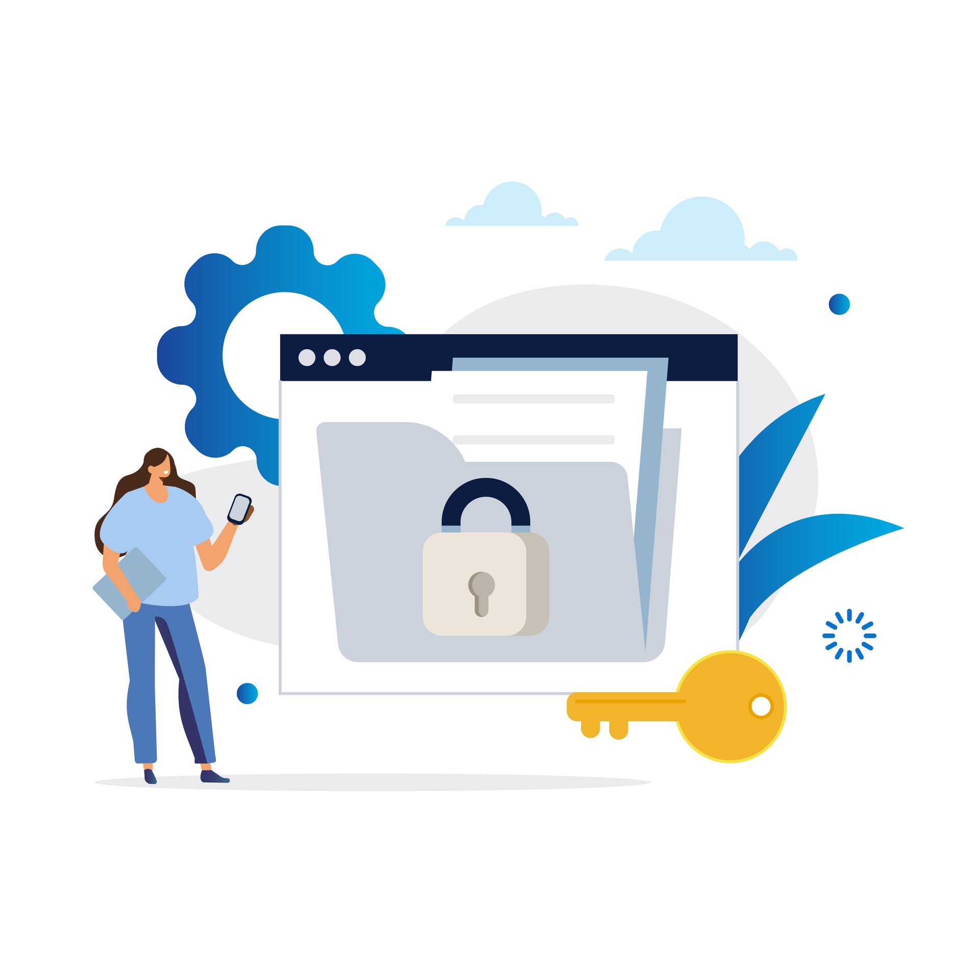 A woman is standing in front of a computer screen with a padlock and a key.
