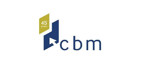 A blue and yellow logo for a company called cbm.