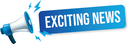 A blue sign that says exciting news next to a megaphone.