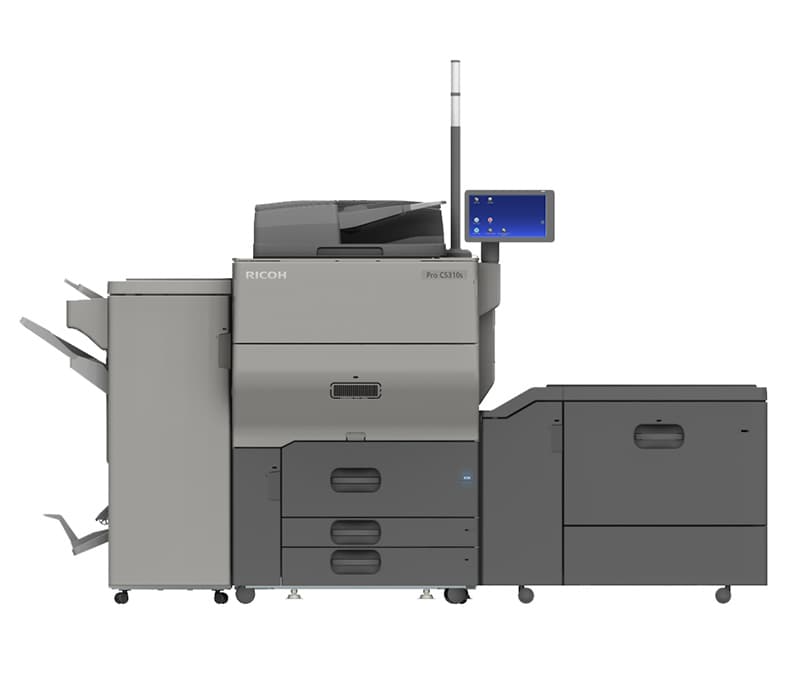 A large printer with a monitor attached to it on a white background.