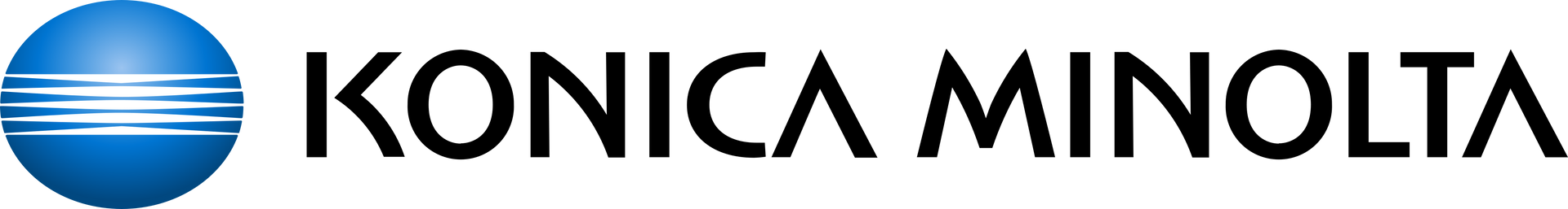 A blue and white logo for konica minolta on a white background