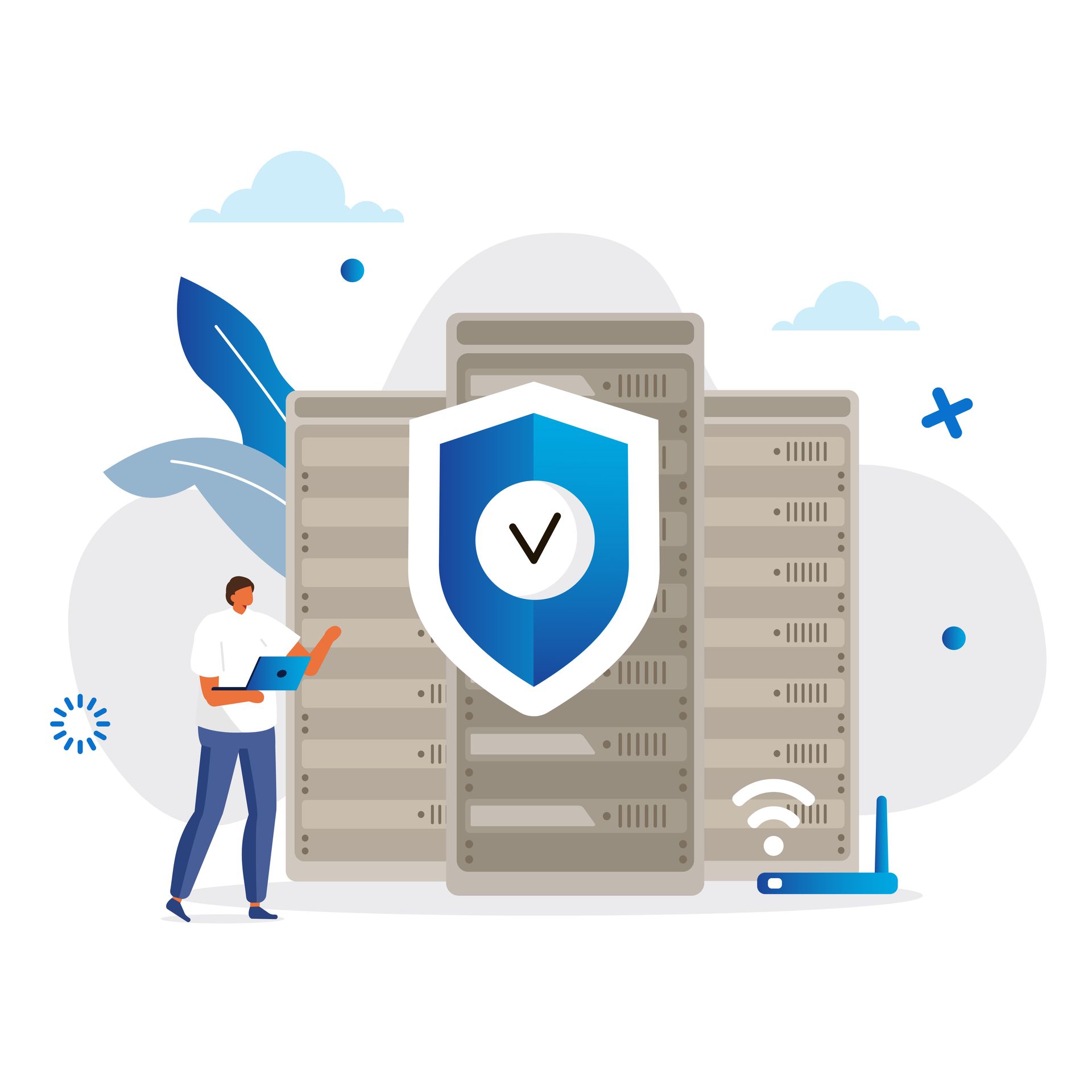 A man is standing in front of a server with a shield on it.