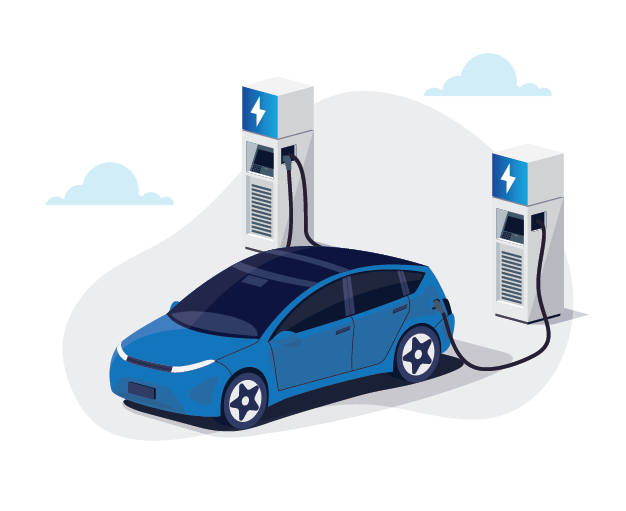 An electric car is being charged at a charging station.